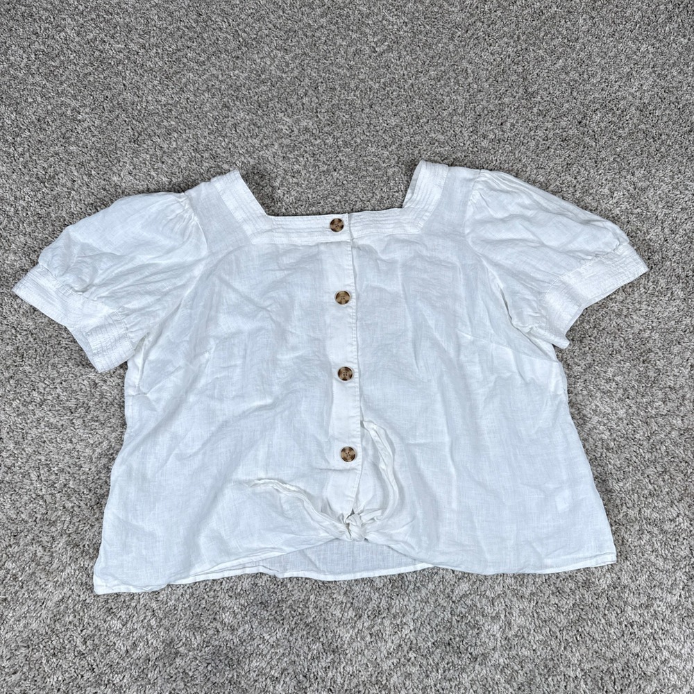Talbots Blouse Womens 2XP White Solid 100% Linen Puff Sleeve Coastal Airy